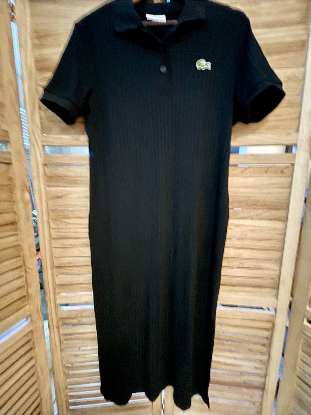 Lacoste Size 46 (14 -16) XL Preppy Black Ribbed Knit Polo Midi Dress Side Slits - Picture 2 of 7